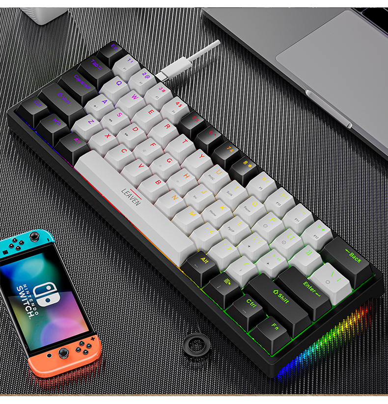 K620 mini teclado mecânico para jogos 61 teclas rgb hotswap tipo-c teclado para jogos com fio pbt teclas 60% teclados ergonômicos: MARROM / Interruptor vermelho