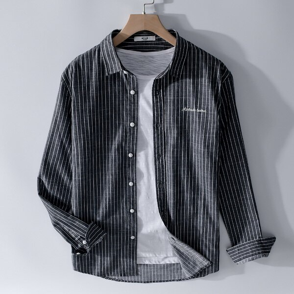 mannen lange mouwen streep shirt katoen shirts voor mannen trend casual mode shirt heren lente en zomer shirts mannelijke: black / XXL (Asian size)