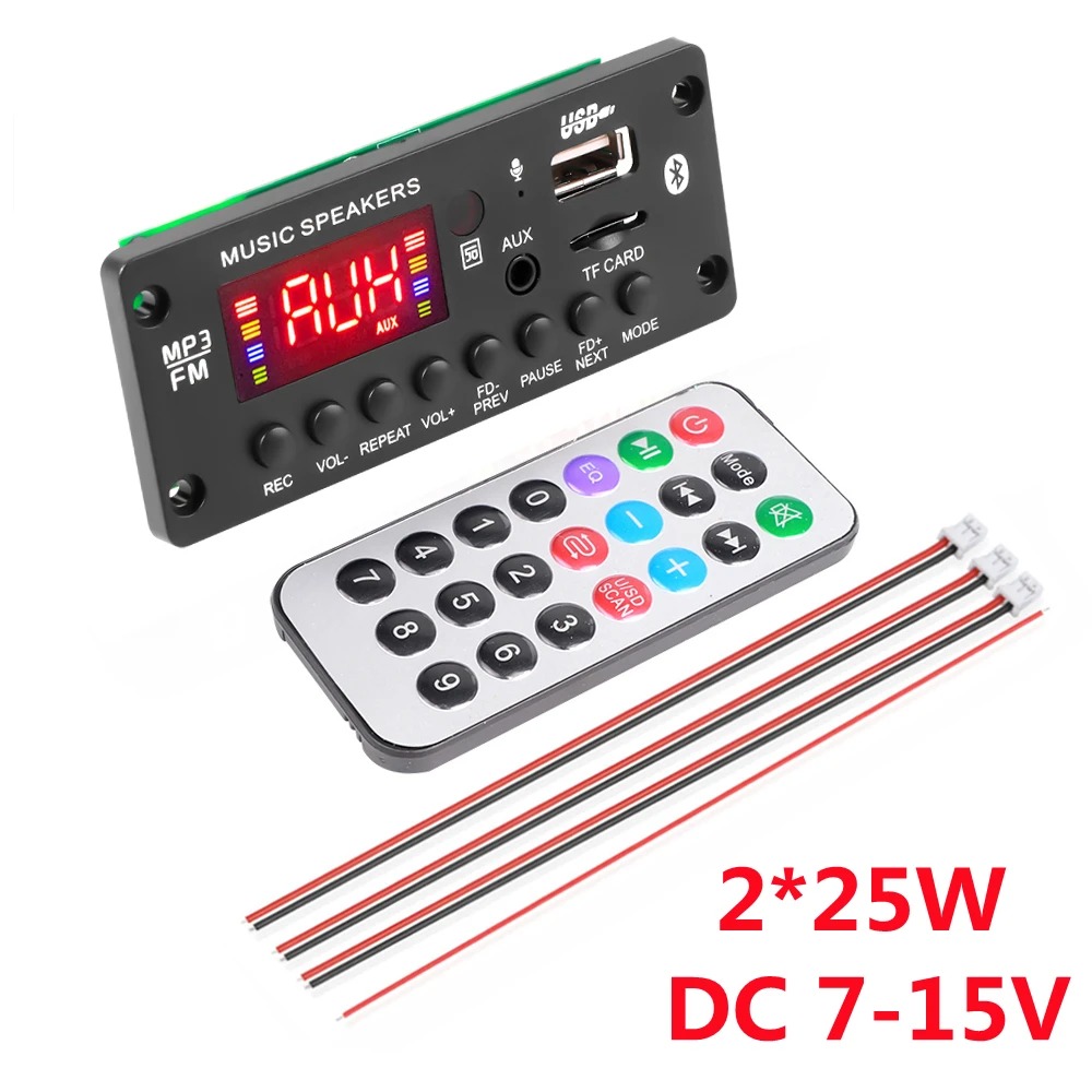 2*25W 50W Wzmacniacz 12V Odtwarzacz MP3 Dekoder Bluetooth 5.0 Samochodowy moduł radia FM TF USB AUX Odtwarzacz WMA Dekoder Zestaw głośnomówiący: BŁĘKITNA