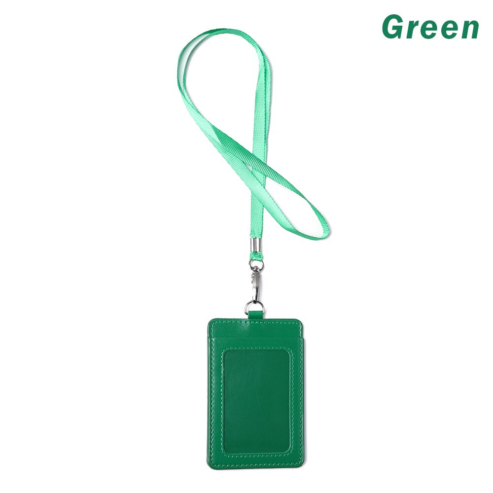 PU Leather Card Holder With Rope Lanyard double card sleeve ID Badge Case Clear Bank Credit Card Badge Holder Office Supplies: A-green