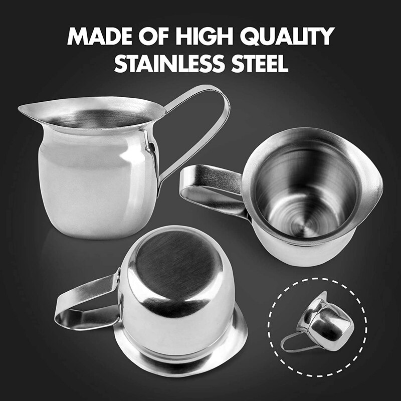 Set of 4 Stainless Steel Creamers, 3Oz, Mirror Finish, Comfort Grip Handle, Coffee Cup