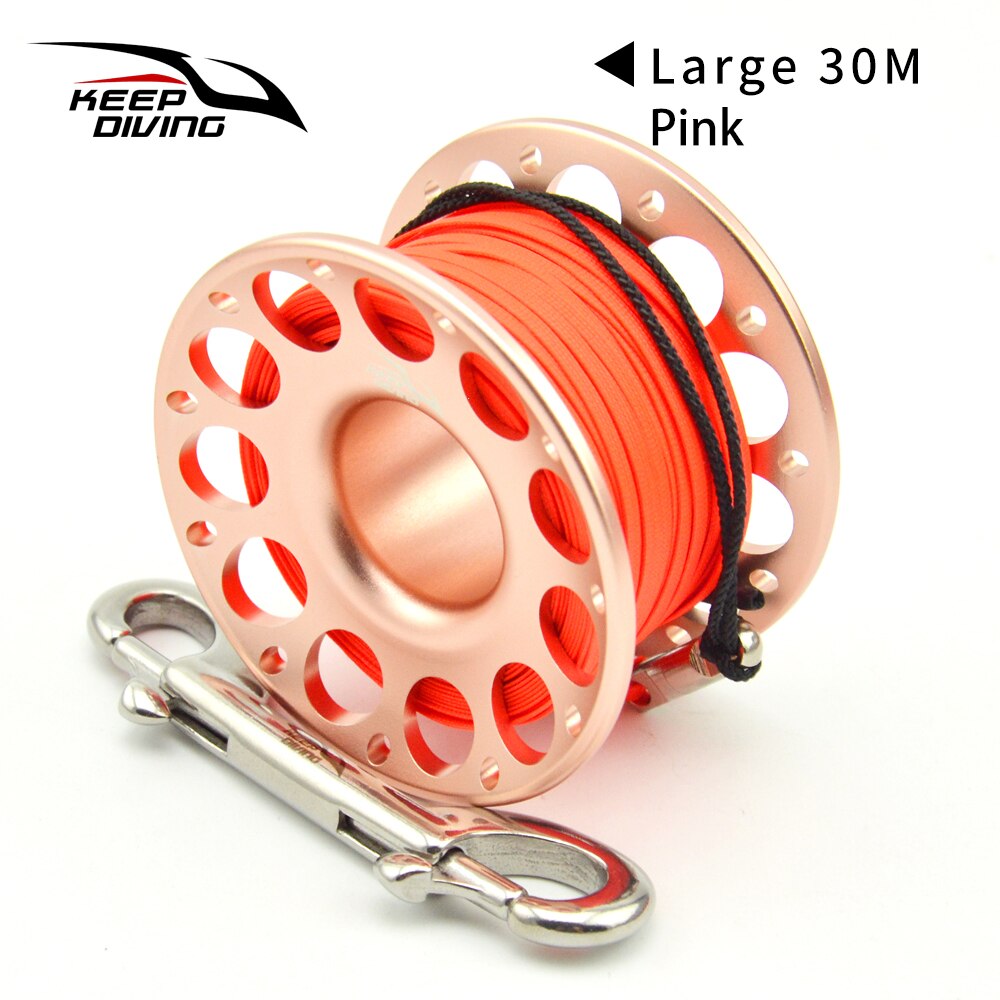 Carrete de dedo de aleación de aluminio para buceo, de 15M/30M, de acero inoxidable con gancho de doble extremo, equipo SMB para buceo en cuevas: Pink 30M