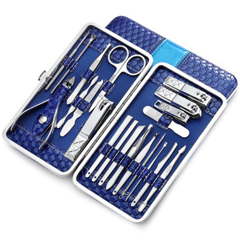 21 Pcs Manicure Set Kit Ear Pick Utility Nail Clipper Stainless Steel: Silver Blue