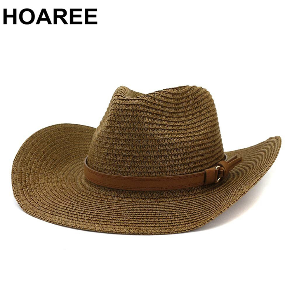HOAREE, sombrero de vaquero de verano para hombre, sombrero de paja azul marino para el sol con cinturón, sombrero ancho Vintage para mujer, gorros de vaquera para decoración de playa, sombreros UV