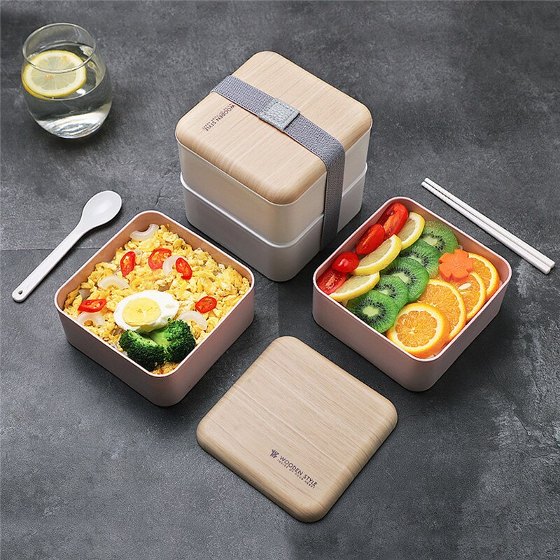 Microwave Lunch Box Japanese Wood Bento Box 2 Layer Container Storage Fitness office worker lunch box for kids bento @C