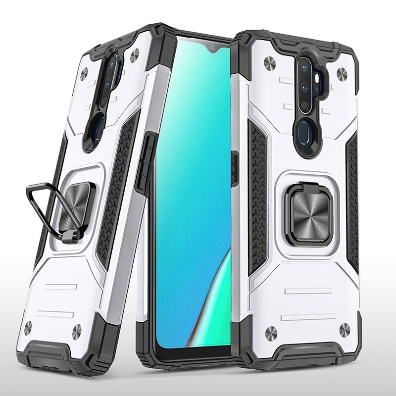 For OPPO A5 Case Hard PC With Stand Ring Armor Shockproof protective back cover case for OPPO A9 A5 full cover shell: For OPPO A9 2020 / Silver