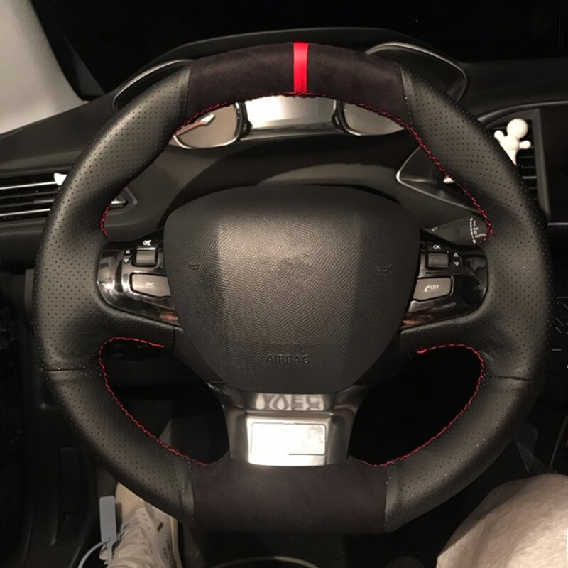 Sort ruskind perforeret læder bilrat cover til peugeot 308: Default Title
