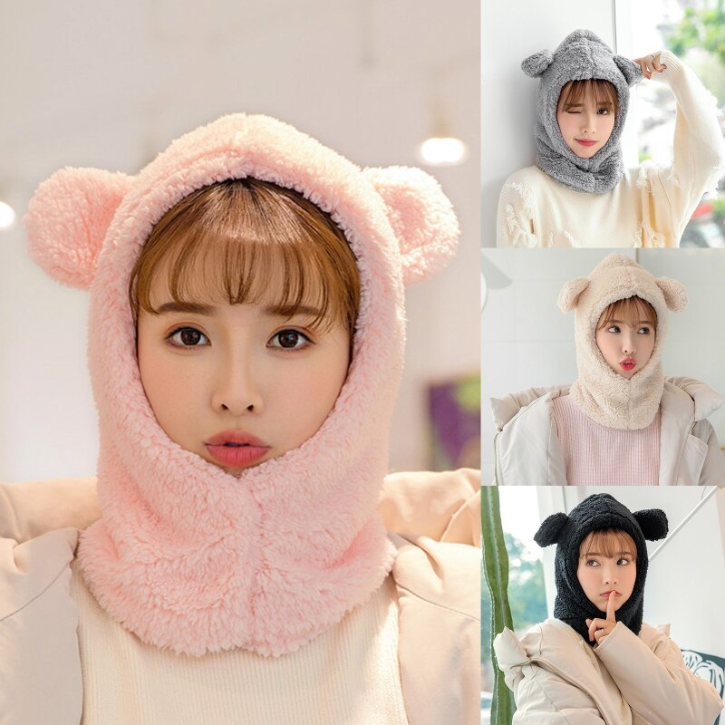 Vrouwen winter pluche warme capuchon muts sjaal schattige cartoon berenoren effen kleur thermische winddichte oorklep muts nekwarmer