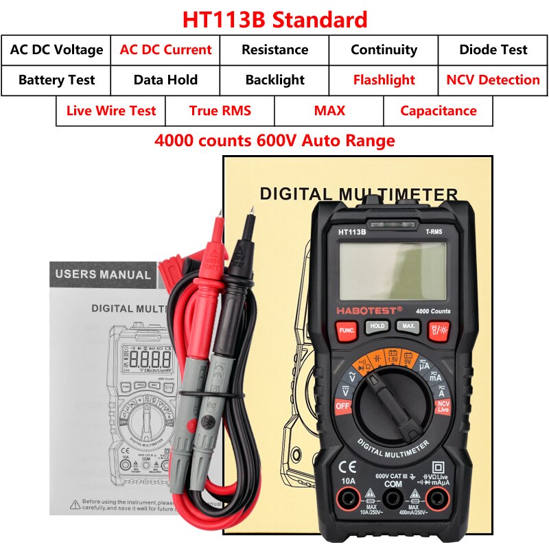 Digital-Multimeter Tester Professionelle Auto Range Batterie Test Smart Mini Multi Meter Kapazität Amp NCV Voltmeter HT112B: HT113B no battery