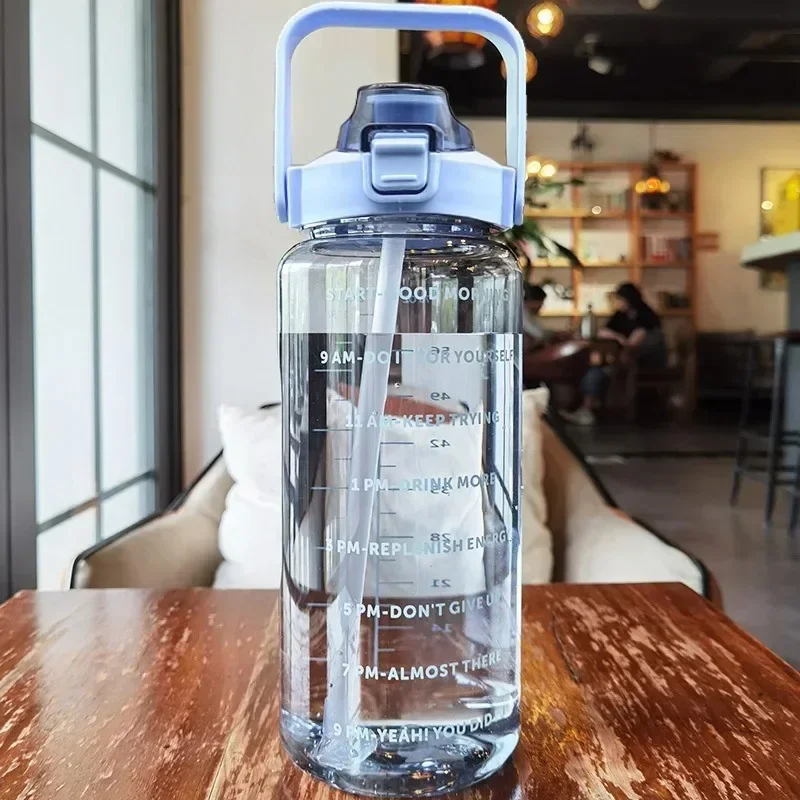 2l Draagbare Waterfles Grote Capaciteit Plastic Stro Water Cup Drinkfles Met Tijdmarkering Voor Buitensporten Fitness: Blauw