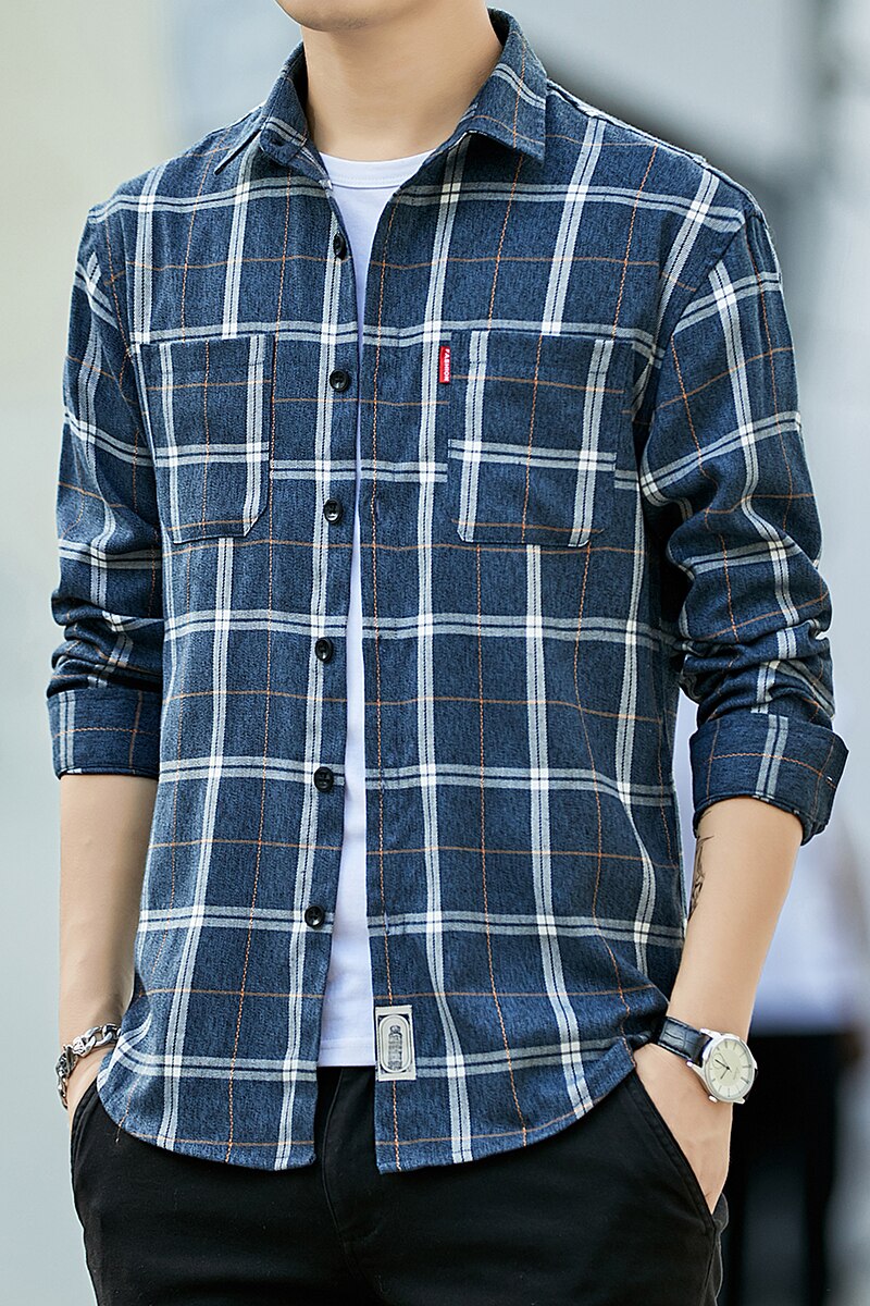 Herr flanell rutig skjorta 100%  bomull vår höst ledig långärmad skjorta mjuk komfort slim fit stilar varumärke man plus size