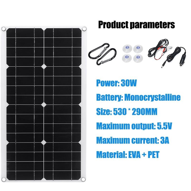 Mono Solar Panel 30W DC 12V USB 5V Monocrystalline Flexible Solar Cells Waterproof Battery Charger 53x29cm for Car RV Ship Boat