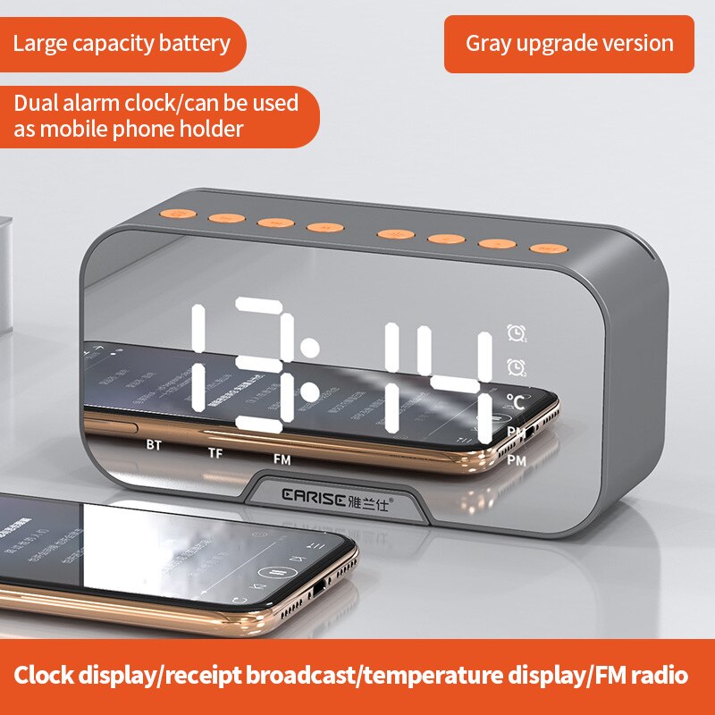 Multifunction Digital Clock Bluetooth Speaker With FM Radio Wireless Subwoofer Music Player Dual Alarm Clock LED Mirror Clocks: grey-orange button