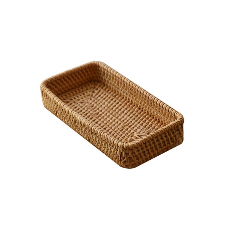 Rattan Storage Basket Rectangular Wicker Hand Woven Fruit Candy Bread Organizer: Light Grey
