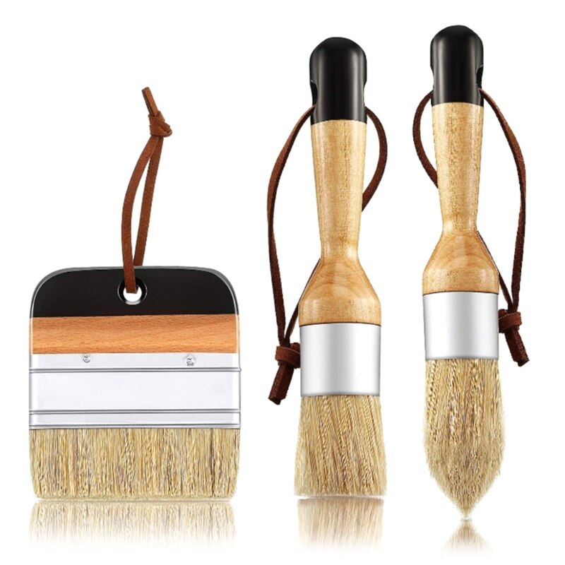 3 Pcs/Set Ergonomic Handle Chalk Wax Paint Brushes Bristle Stencil Brushes for Wood Furniture DIY Painting Waxing Tool