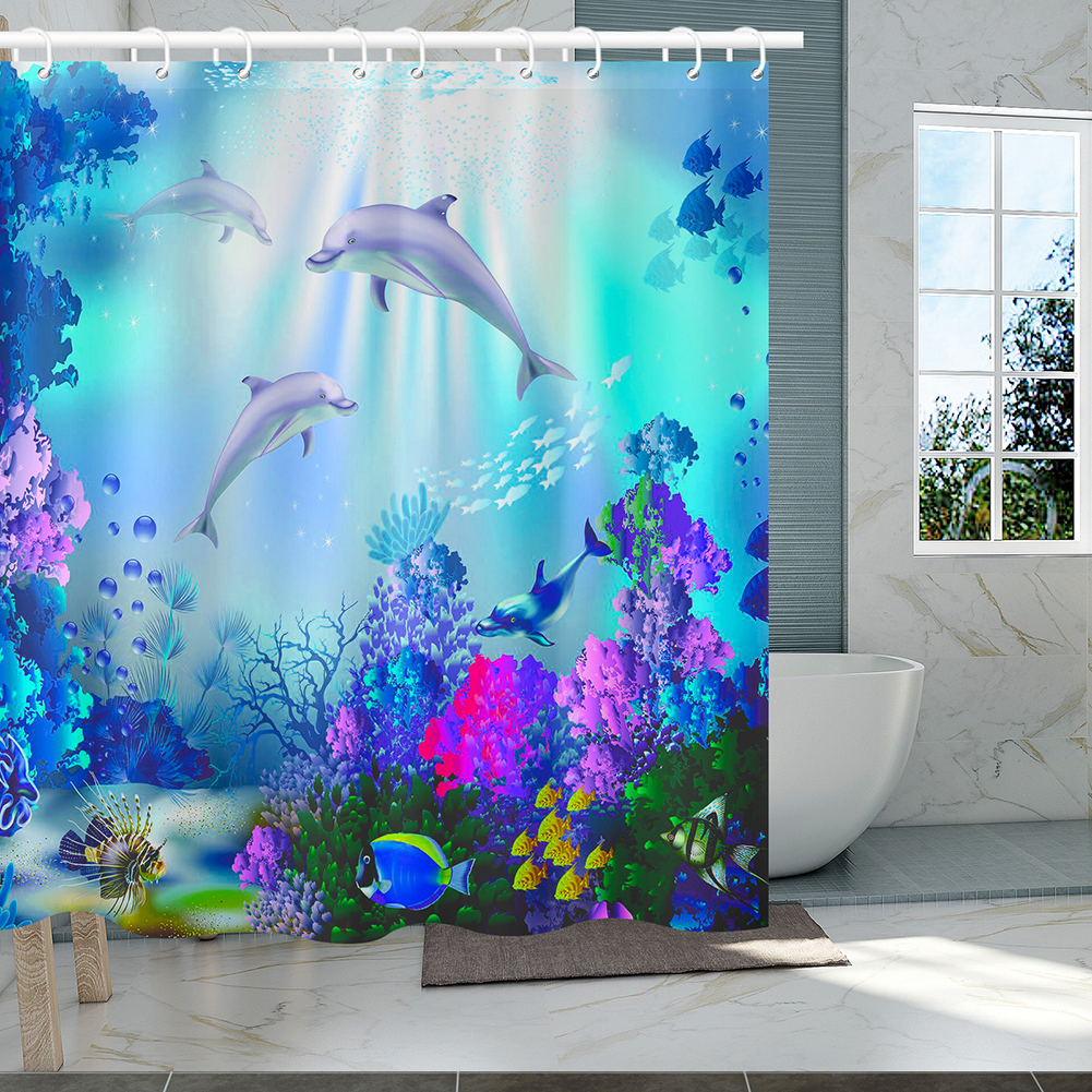 Rideau de douche dauphin bleu, monde sous-marin, vie Marine, tissu en Polyester, thème océan pour enfants, ensemble de décoration de salle de bain avec 12 crochets