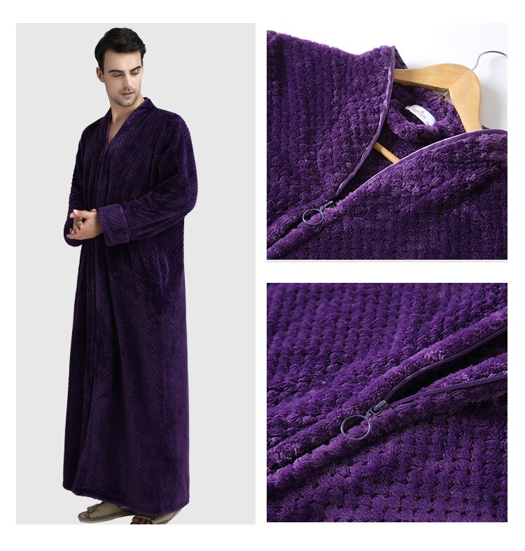 Menn glidelås sovekåpe ren farge dobbel dekk fortykket behagelig varm strikket langermet løs flanell myk pyjamas badekåpe