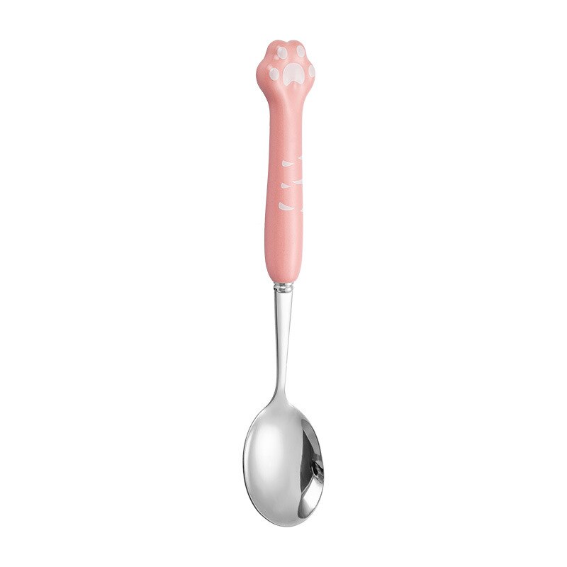 Cute cat claw ceramic 304 stainless steel tableware spoon fork chopsticks cute cartoon spoon gold spoon fork: Pink silver spoon