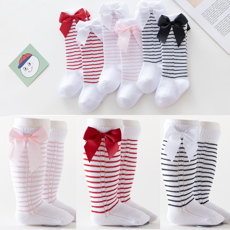 Streep Bowkot Baby Sokken Herfst Winter Soft Warm Kids Hoge Sokken Elastische Katoenen Baby Meisje Jongen Sokken Baby Voet Accessoires