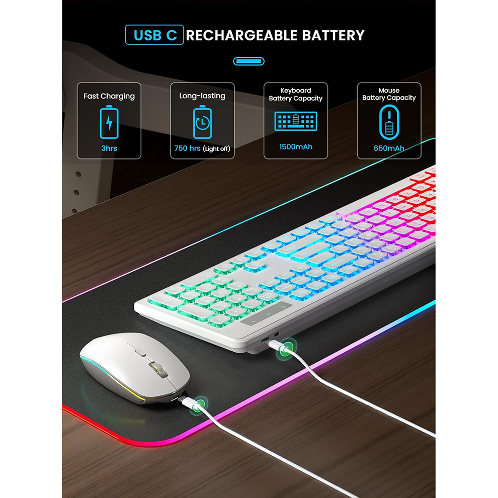 Backlit Wireless Keyboard and Mouse,Quiet Light Up Keys, Tilt Legs, Rechargeable USB Cordless Combo for Computer, PC, Laptop
