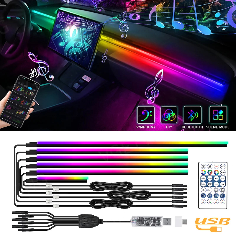 Tira de luces LED RGB para coche, luz ambiental arcoíris, USB, música Symphon, lámpara de ambiente con aplicación de Control remoto, 10/6/4/2/1 en 1