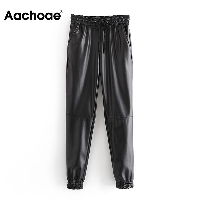 Aachoae dames lange pu leren broek met trekkoord, sportieve stijl, lange joggingbroek voor dames, baggy casual kokerbroek, damesbroek