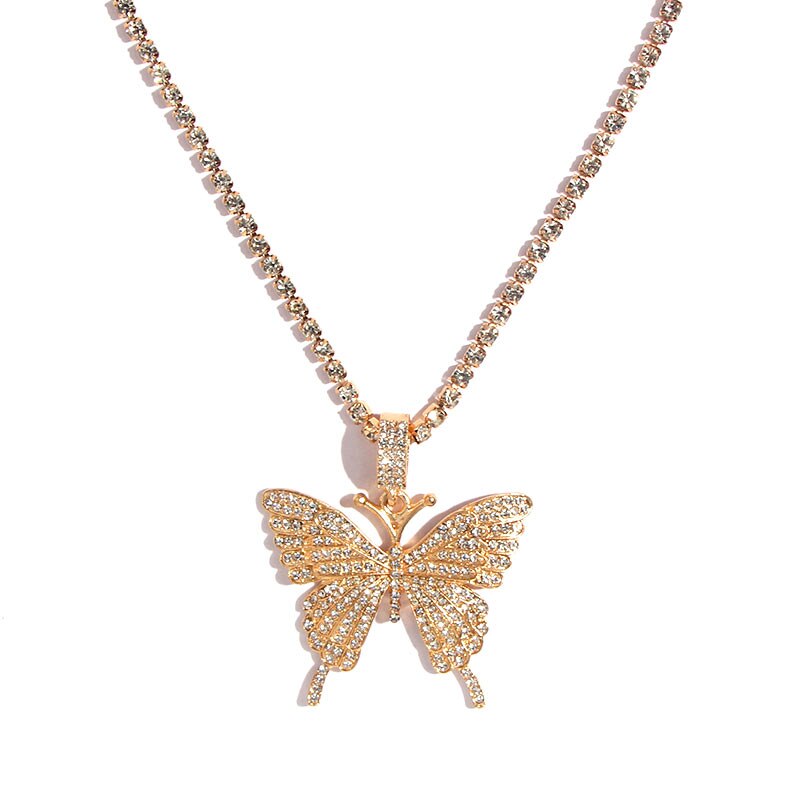 Caraquet Bling Crystal Tennis Chain Choker Necklace for Women 4 Color Rhinestone Big Butterfly Pendant Necklace Bijoux: 029402GD