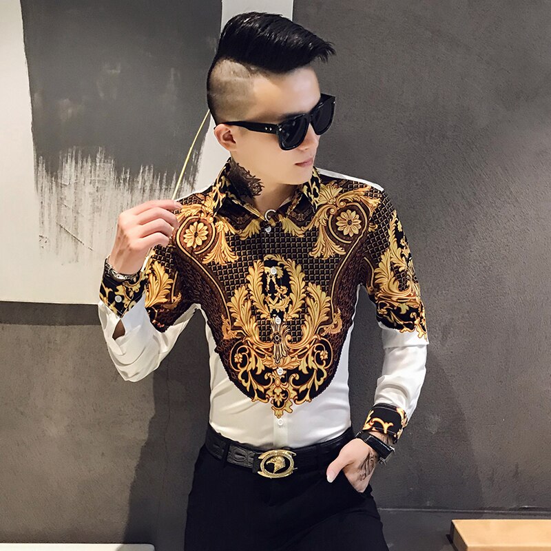 Luxury Gold Print Shirt Mens Men Long Sleeve Shirts Party NightClub Tuxedo Shirts Casual Slim Fit Streetwear Blouse Homme: white / Asia XXL 68 to 73kg