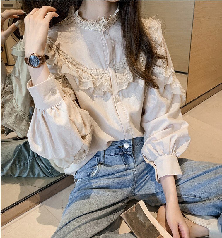 Lolita blus retro volang blus dam skjorta turtleneck krage långärmad formella blusar topp dam vintage skjorta
