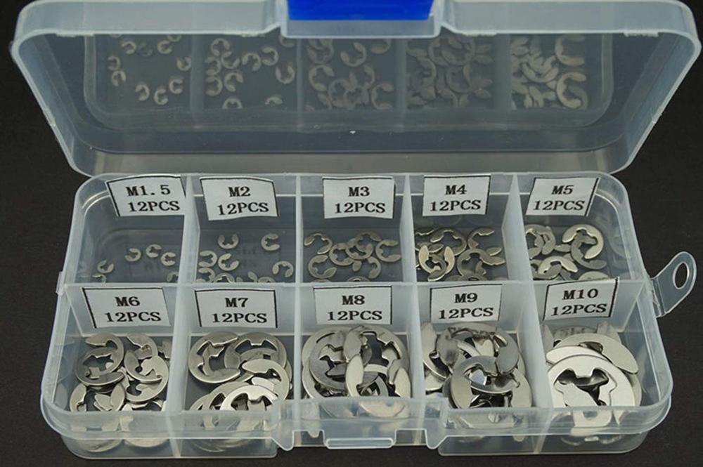 (Pack of 120Pcs), 304 Stainless Steel E-Clip Retaining Snap Ring Circlip Assortment Kit,1.5mm to 10mm (M1.5~M10)