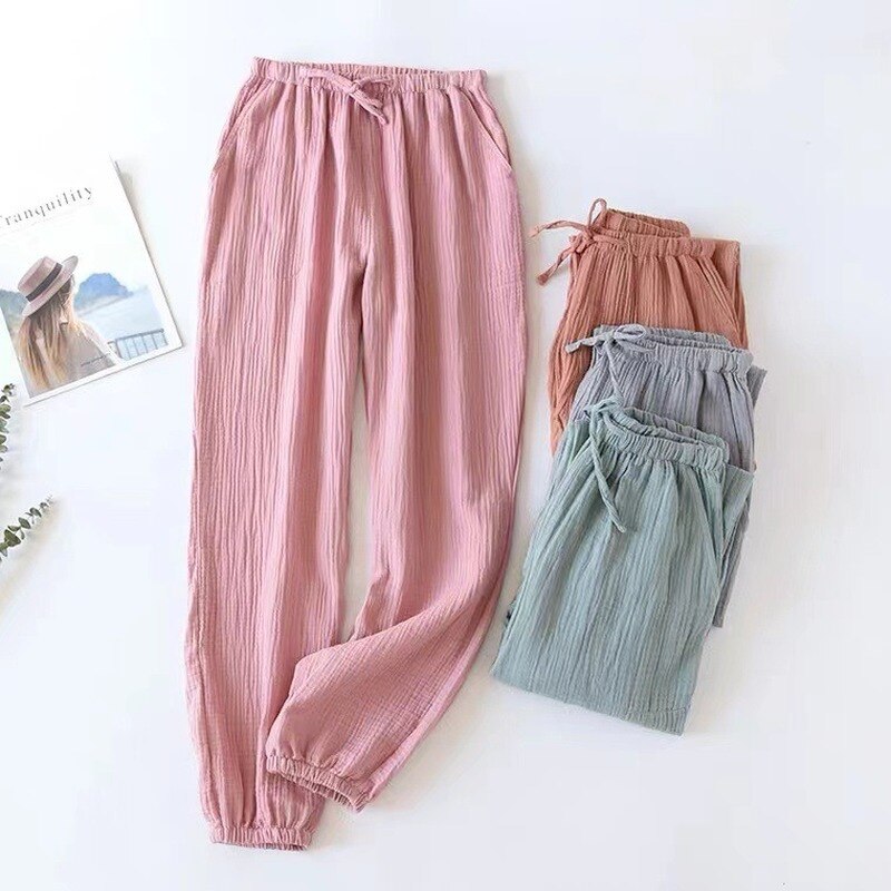 Womens Pure Cotton Yarn Pyjamas Solid Color Slim Home Pants Elastic Waist Pocket Sleep Bottoms Lounge Pants Pajamas for Women