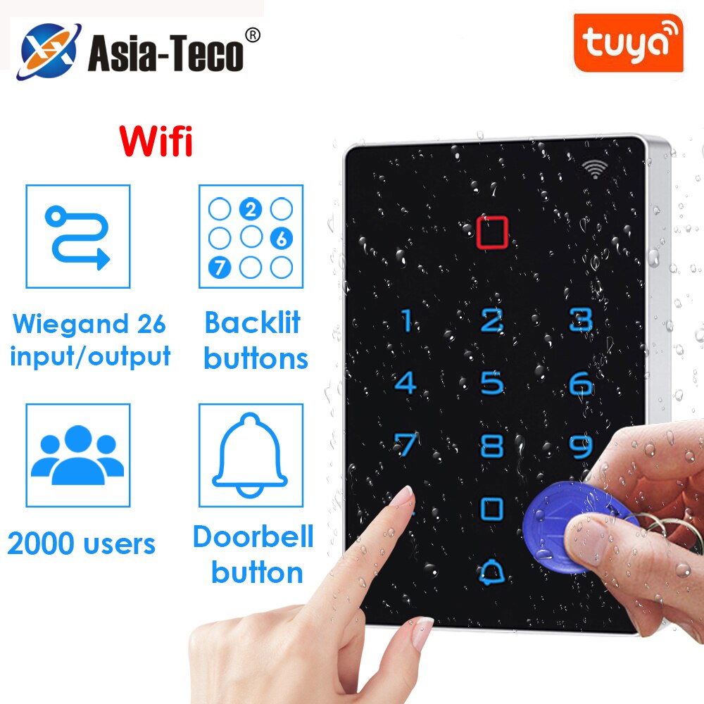 RFID 125khz Wifi Tuya APP Standalone Access Control keypad Backlight Touch Card Reader Wiegand 26 Input and Output Waterproof