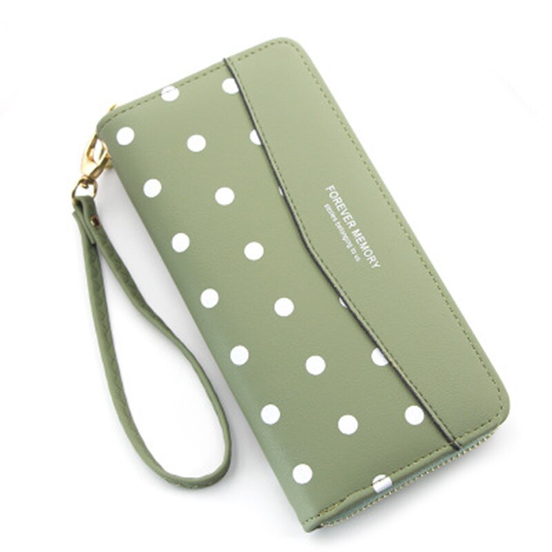 Vrouwen Lederen Lange Portemonnee Rits Party Telefoon Zak Kaarthouder Portemonnee Polka Dot Hand Holding Beste -WT: Groen