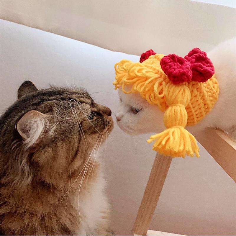 Funny Pet Cat Cap Cute Hair Loop Headgear Cosplay Small Dogs Kitten Knitted Hat Cat Costume Warm Winter Headdress Dog Supplies