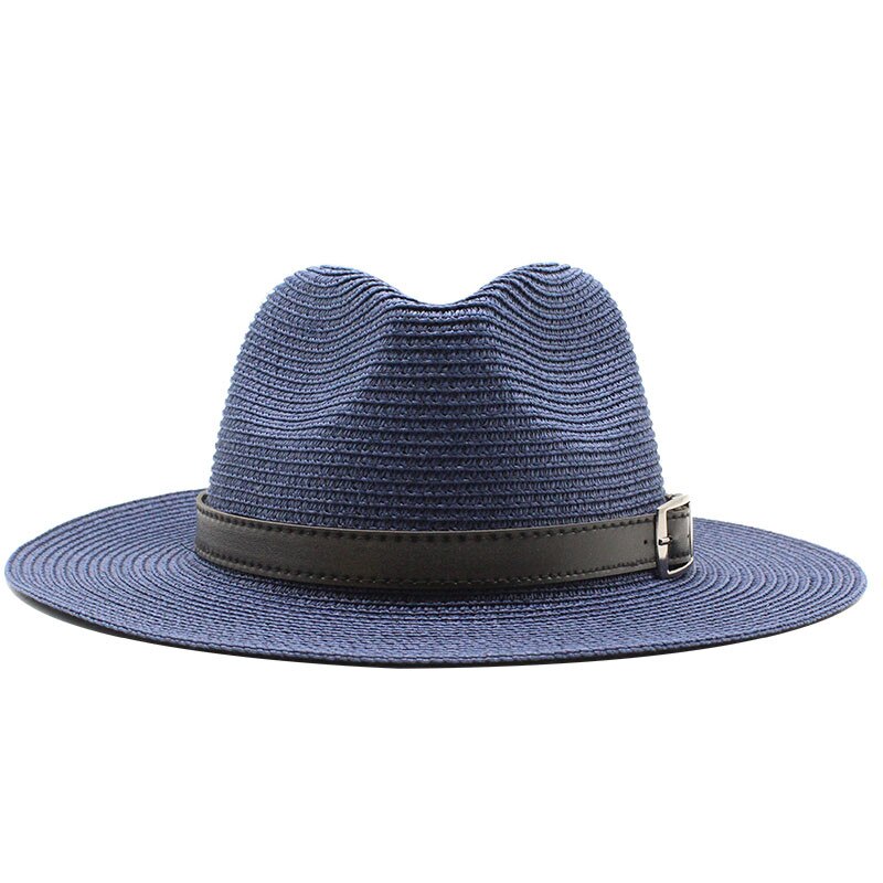 Summer unisex sun hat casual vacation Panama straw hat women wide brim Beach jazz men hats Foldable Chapeau: Navy