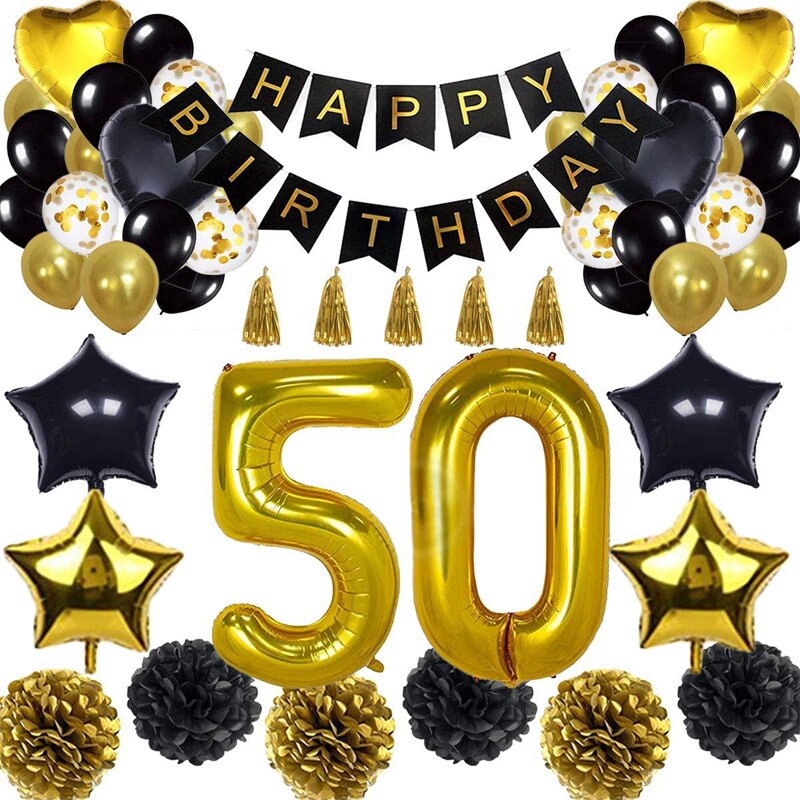 30/40/50/60th 40 tommer aluminiumsfolie nummer ballon fødselsdagsfest dekorationer banner papir pom-pom sort guld balloner sæt: Nummer 50