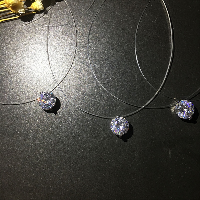 Trendy Dazzling Ronde Zirkoon Verstelbare Hanger Ketting Onzichtbare Transparante Vislijn Eenvoudige Ketting Sieraden voor Vrouwen