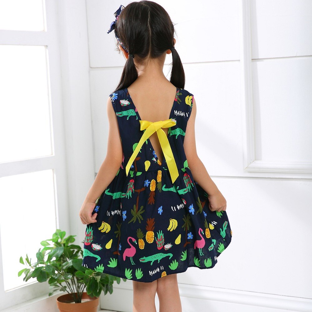 Summer Cotton Cherry Bow Decor Princess Dress Floral Vest Dresses for Girls