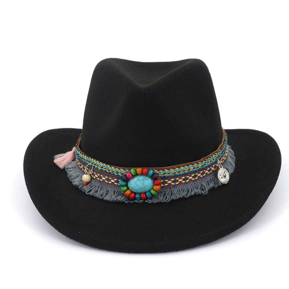 Women Wool Western Cowboy Hat With Tassel Ribbon Wide Brim Jazz Hat Sombrero Hombre Hat: Black