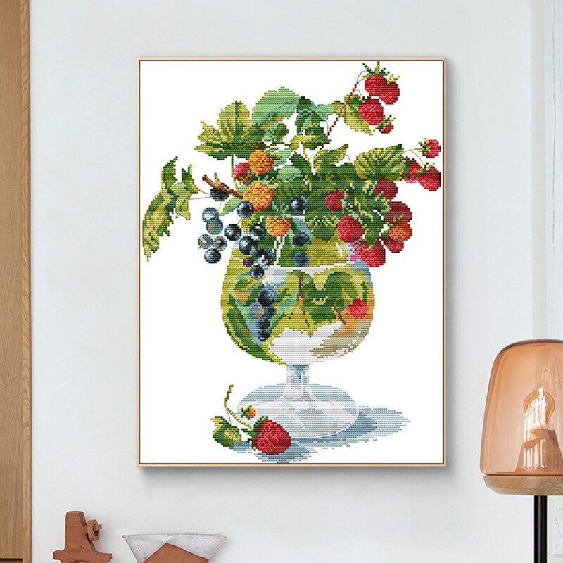 Cross Stitch Stamped Kits 14CT Printed Embroidery Cloth Needlepoint Kits Easy Patterns for Strawberry and Wine Glass