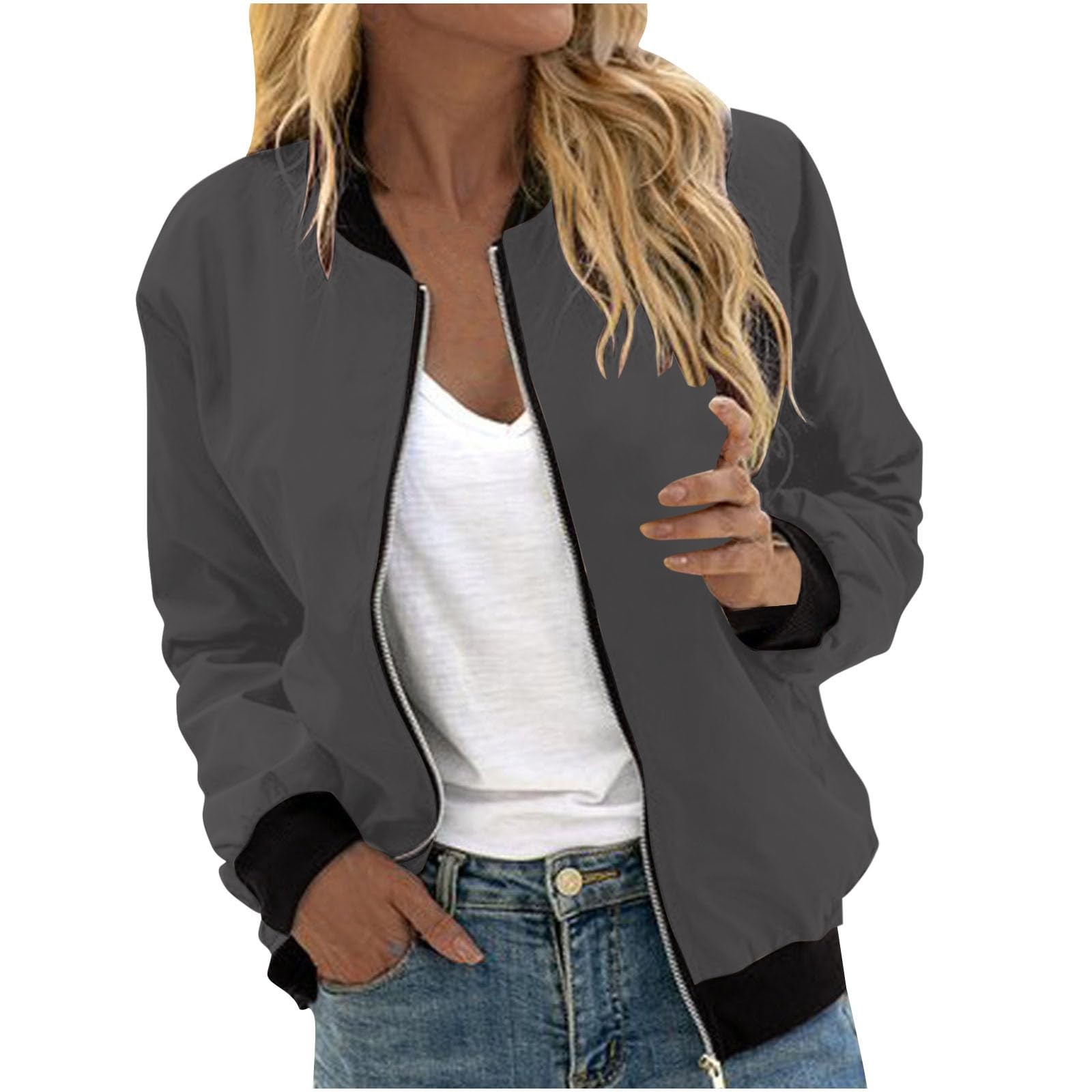 Dames Bomberjack Met Rits Lente Herfst Massief Bedrukt Jassen Kantoorkleding Slanke Kantoorjas Retro Outwear Voor Dames: S / GRIJS
