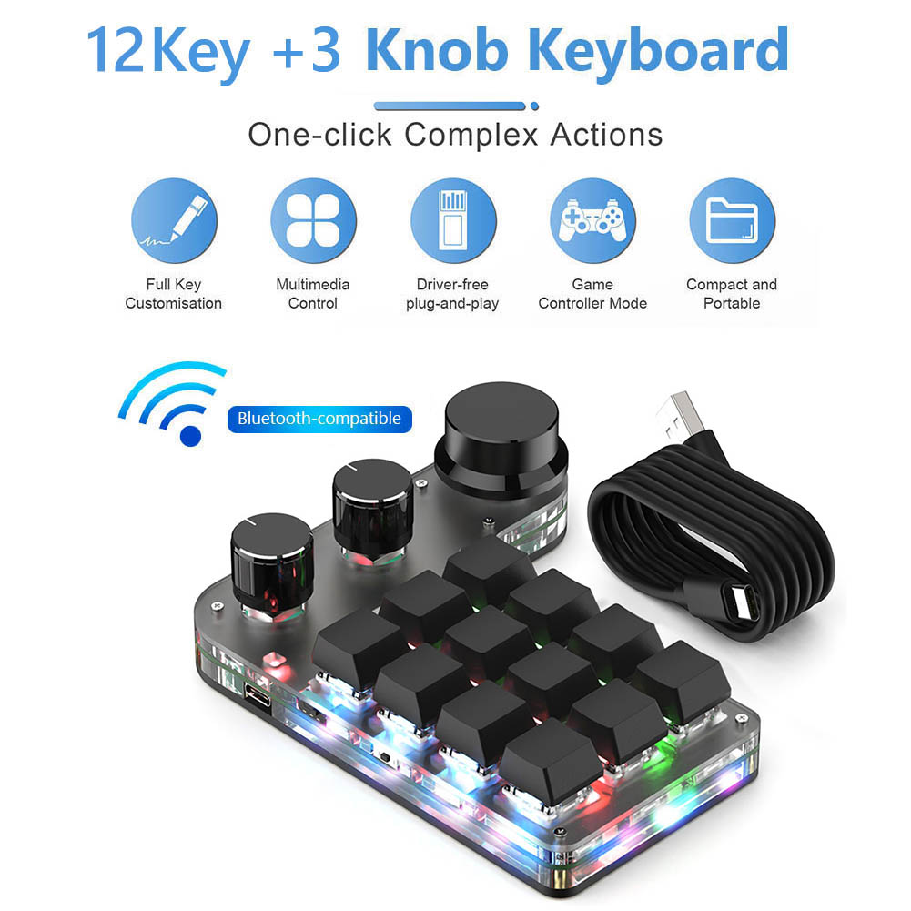 Wireless Bluetooth Programming Macro Custom Knob BT Keyboard RGB 12 Key Swap Shortcut Key Button Mechanical Gaming Keypad: Navy Blue