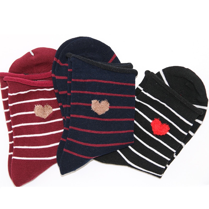 Kvinder sokker bomuld kvindelige stribet kærlighed hjerte print sokker krølle stablet mellemrør japansk kawaii søde sokker forår afslappede sokker