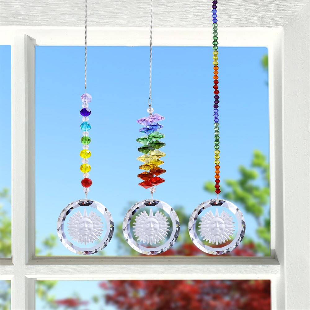 3 Stks/set Chakra Suncatcher Met Zonnebloem Hanger Regenboog Opknoping Crystal Zon Catcher Voor Raam Home Tuin Decoratie