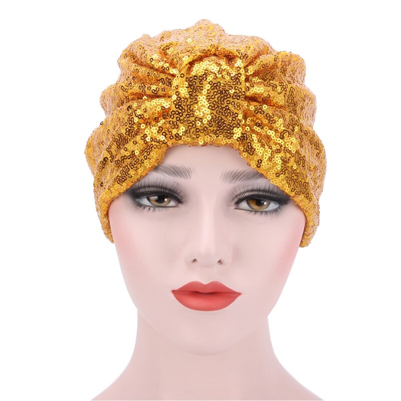 Couvre-tête à motif de paillettes pour femmes, Turban, Bonnet, chapeau, écharpe musulmane, casquette, nœud rond réutilisable, Harajuke