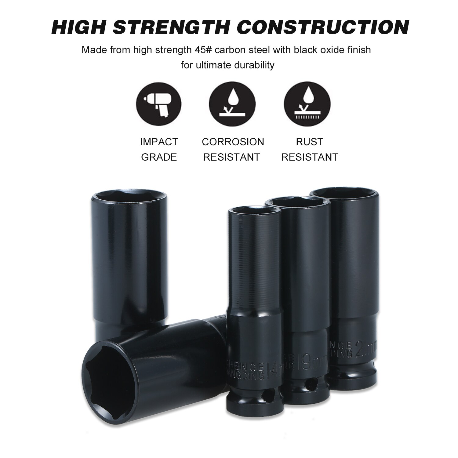 socket wrench 1/2Inch Drive 6-Point Impact Socket Set 10-Piece Metric Sizes 10-24mm Carbon Steel with Hard Storage Box 45# Steel