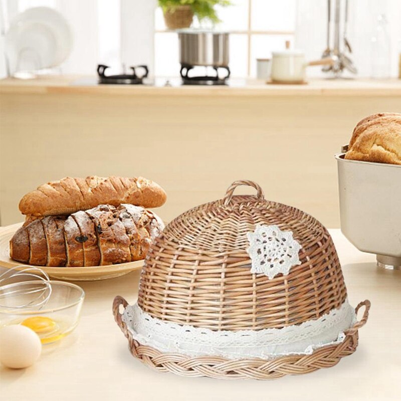 Bread Cover Hand-Woven Round Food Bread Cover Refreshment Pizza Tray Fruit and Vegetable Shopping Storage Basket