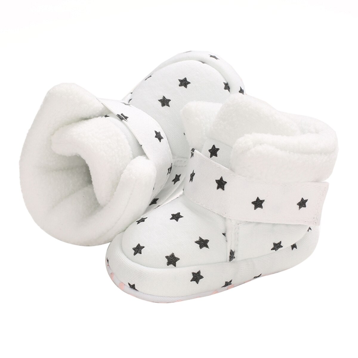 Botas cómodas de bebé de con estampado de estrellas, zapatos de niño para cuna, zapatos de niño para sus primeros pasos con fondos antideslizantes, botines de algodón de felpa de invierno para recién nacidos: Blanco / 11