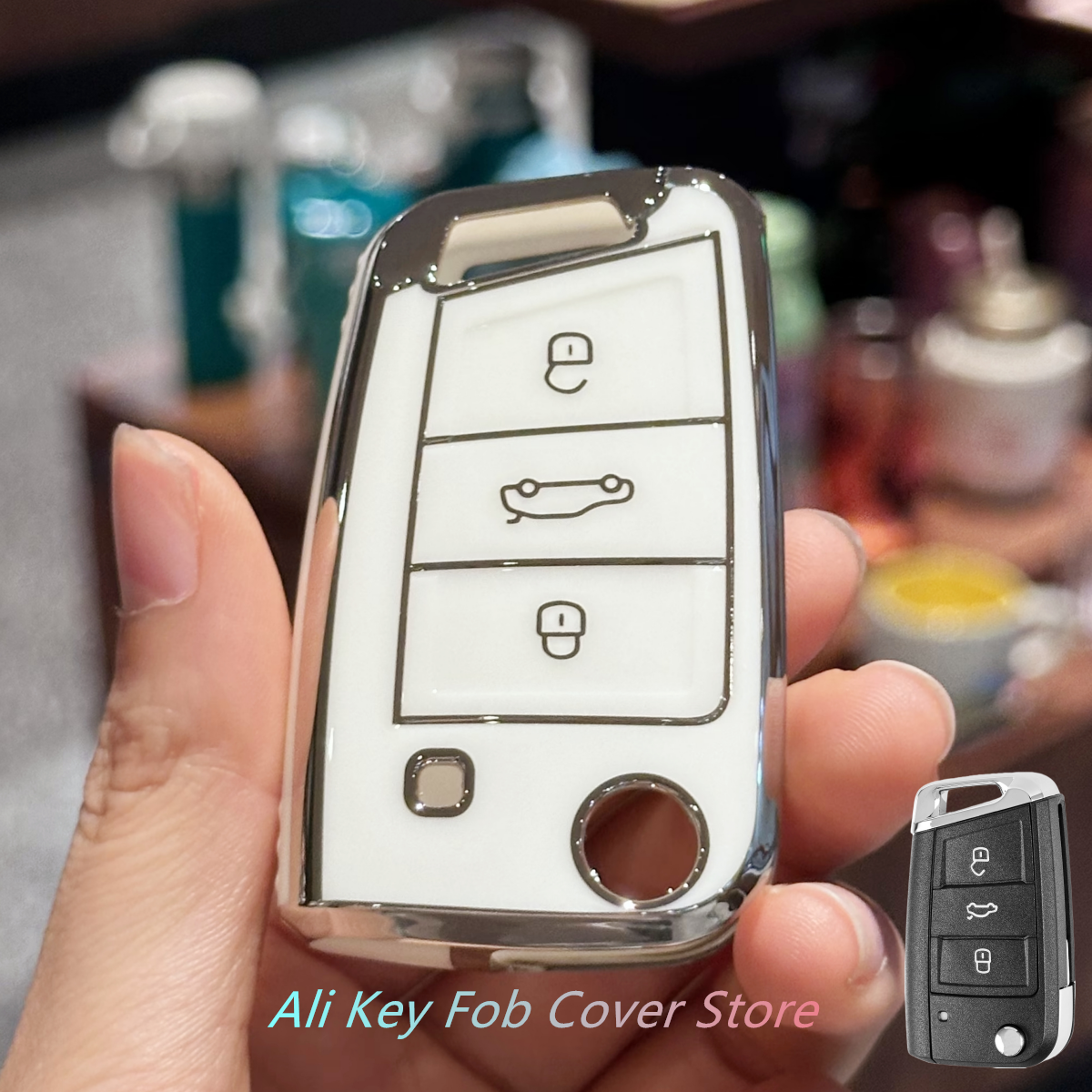 Funda para llave de coche con llavero para VW Golf 7 Tiguan SEAT Ateca Leon Ibiza Skoda Octavia Fob accesorios: Blanco