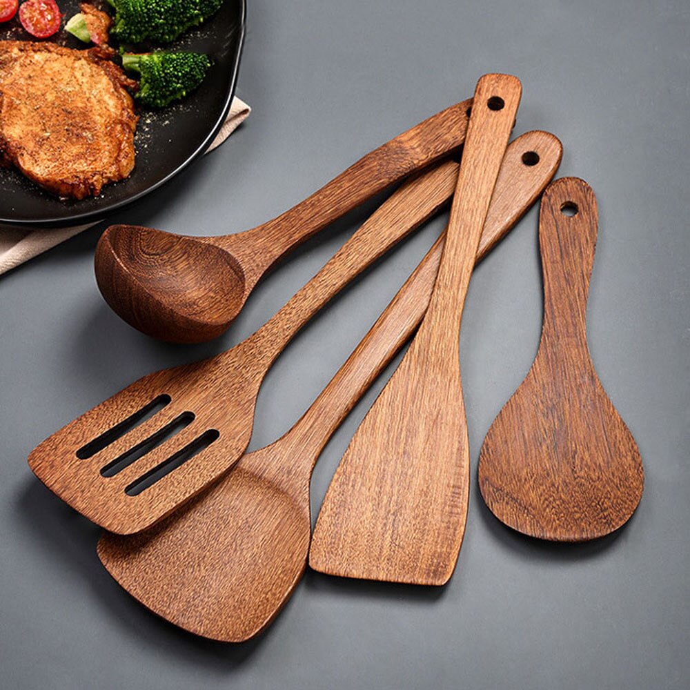 Wooden Kitchenware set Long handle Spatula Rice Scoop Vegetable meat cooking shovel Mixing Spoons for Nonstick pan kitchen tools